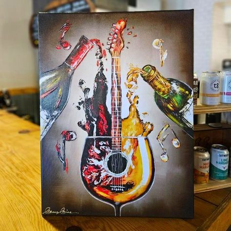 Here's my art "Rockin' Rosé" playing a solo at the bar at Barrel 33 in Sandpoint, Idaho. This is one of many of my pieces you can find, and take home, at Barrel 33. 😀 Wine, craft beers, non alcoholic drinks, amazing menu, live music, events and you can shop for gifts and decor there too! It truly is the place to be in Sandpoint Enjoy the day friends, cheers! 🍷 Wine And Music Art, Guitar Art Painting, Whiskey Art, Pub Interior Design, Friends Cheers, Sandpoint Idaho, Pub Interior, Creative School Project Ideas, Nightclub Design