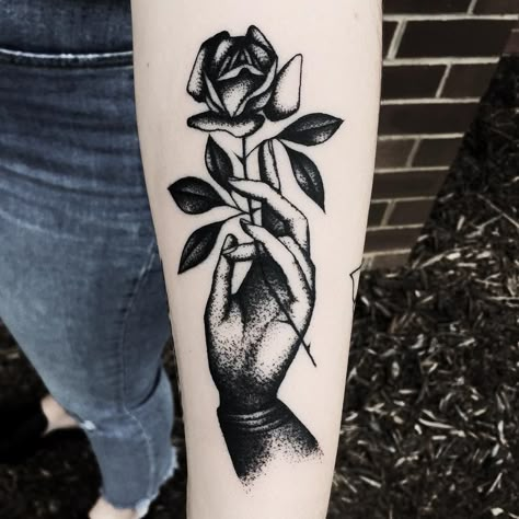 Mike Adams black & white hand holding flower tattoo Black Rose In Hand, Hand Holding Flower Tattoo, Black And White Bouquet Tattoo, Black Flower Hand Tattoo, Hand Holding Rose Tattoo, Black Rose Hand Tattoo, Deep Meaningful Tattoos, Hand Holding Rose, English Rose Tattoo Black And White