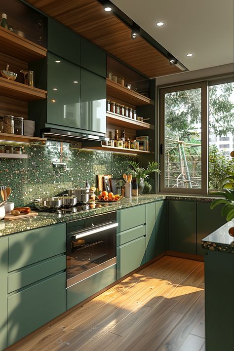 Green Kitchen Aesthetic Modern, Eco Friendly Kitchen Ideas, Nature Friendly Homes, Kitchen Green Ideas, Earthy Interior Design Kitchen, Jade Countertops Kitchen, Eco Kitchen Design, Green Wood Aesthetic, Cozy Green Kitchen