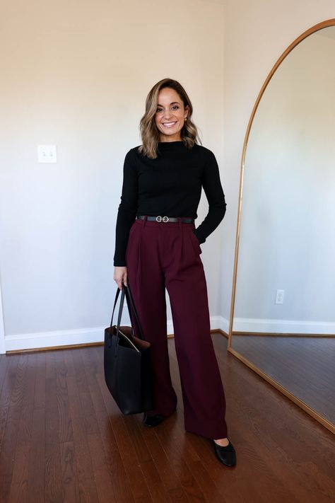 Burgundy Wide-Leg Pants Three Ways - Pumps & Push Ups Maroon Pants Outfit Winter, Sweater With Wide Leg Pants, Burgundy Trouser Outfit Women, Maroon Dress Pants Outfit, Style Burgundy Pants, Wine Color Pants Outfit, Maroon Wide Leg Pants Outfit, Maroon Trousers Outfits Women, Gray Work Pants Outfit