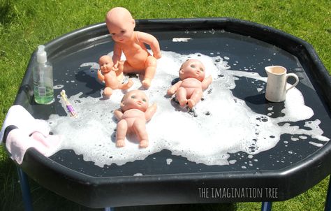 Baby Doll Washing and Caring Activity - The Imagination Tree Messy Outdoor Fun, Sensory Play Tray Ideas, Outside Messy Play, Messy Play Outdoors, Outside Water Play, Outdoor Messy Play Ideas, Water Messy Play, Nursery Activities Ideas, Summer Nursery Activities