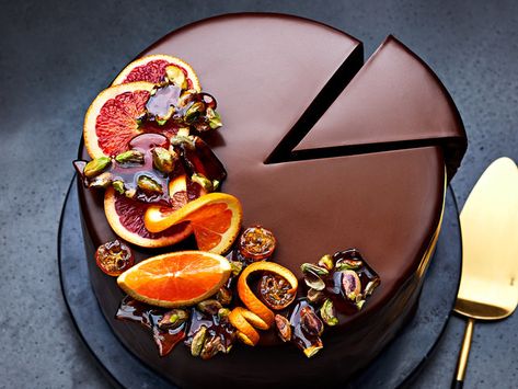 Chocolate-and-Citrus Cassata Pistachio Praline, Chocolate Ganache Glaze, Raw Pistachios, Smooth Cake, Unsweetened Chocolate, Business Startup, Cake Board, Chocolate Chip Muffins, Chocolate Frosting