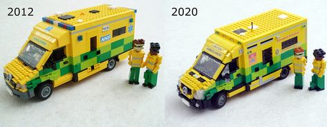 The comparison between the old and the new model clearly shows the differences. The 2020 model represents a newer version of the Mercedes Sprinter, with a more chiselled front end. There are a lot of small differences. Newer vehicles in use with the London ambulance service also have LED emergency lights, which are much smaller than the older units. Another difference is that my old model represented a generic NHS ambulance, whereas my new model is particular for London and the skylight is ... Lego Ambulance, Emergency Lights, Lego Activities, Lego Cars, Lego Projects, Big Rigs, Mercedes Sprinter, Building Ideas, Lego Building