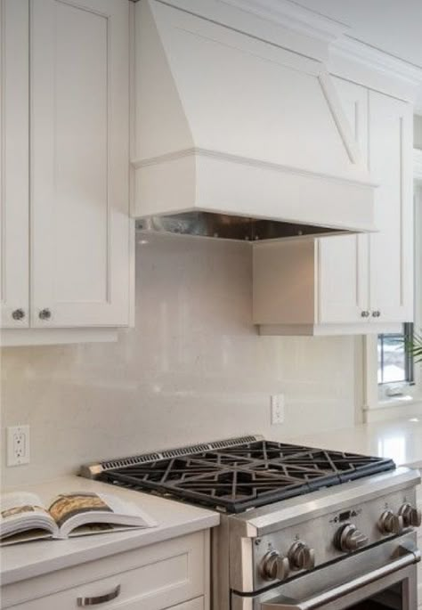 Kitchen Hood Ideas Low Ceiling, White Hood Ranges Kitchen, Cafe Vent Hood, Shaker Kitchen Hood Ideas, Cabinetry Range Hood, Vent Hoods Kitchen Shaker Cabinets, Oven Range Hood Ideas White Kitchens, White Kitchen Stainless Hood, Hood Vent Cabinet