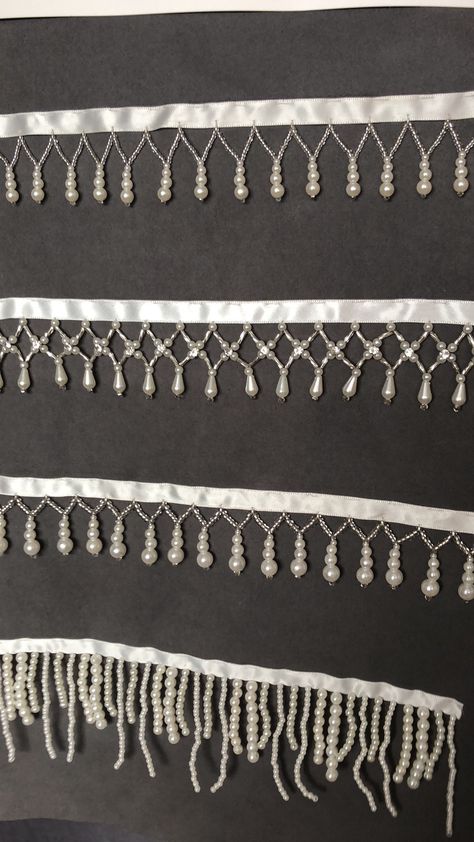 Latkan Lace Design, Beaded Fringe Patterns, Diy Beaded Fringe Trim, Bead Fringe Dress, Embroidery With Beads On Clothes, Edge Beading, Beaded Fringe Trim, Beaded Edging, Pearl Fringe