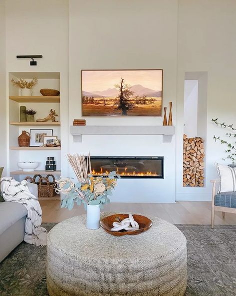 Off Center Fireplace, Electric Fireplace Ideas, Sleek Fireplace, White Built Ins, All White Bedroom, Fireplace Built Ins, White Fireplace, Open Plan Living Room, Bedroom Fireplace