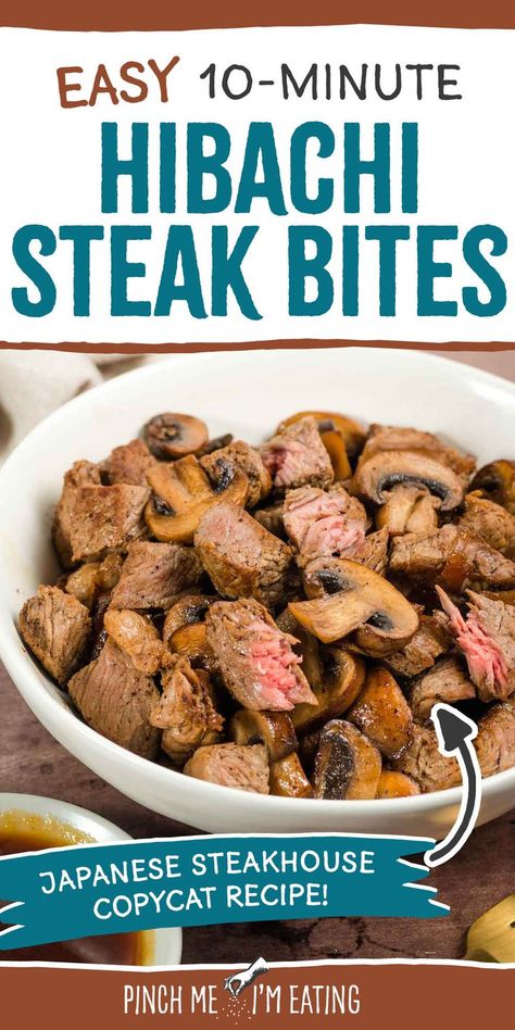 Bowl of Japanese steakhouse style hibachi steak — text reads Easy 10-minute hibachi steak bites - Japanese steakhouse copycat recipe! Easy Hibachi Steak, Easy Hibachi, Homemade Hibachi, Dinner Recipes Quick And Easy, Ribeye Recipe, Hibachi Steak, Steak At Home, Rib Eye Recipes, Hibachi Recipes