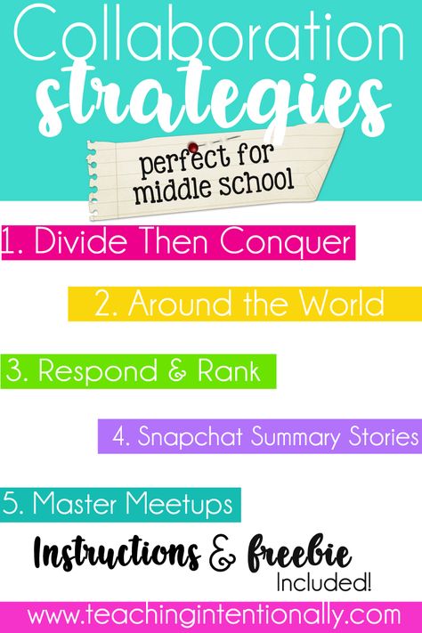 If you are looking for some collaboration ideas and strategies that are fun and easy to implement, then these five strategies are for you! Click to read how to use them in your middle school class and for a free download! Collaborative Teaching Strategies, Math Collaboration Activities, Collaborative Activities For Students, Kagan Strategies For High School, Kagan Strategies Middle School, Engagement Strategies Middle School, Avid Strategies Middle School, Instructional Strategies Middle School, Learning Strategies Middle School