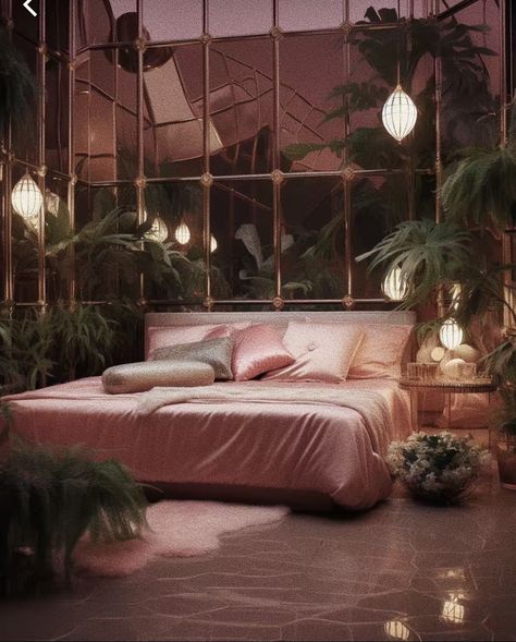 Pink And Green Velvet Bedroom, 80s Penthouse Apartment, 80s House Aesthetic Kitchen, 80s Glam Interior Design, Pink 80s Bedroom, 80s Luxury Penthouse, 80s Bedroom Aesthetic Pink, 80s Luxury Bedroom, 80s Penthouse Aesthetic