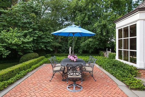 Red Pavers Backyard, Red Brick Flooring, Red Brick Patio Ideas, Bluestone And Brick, Herringbone Patio, Red Brick Patio, Backyard Grass Landscaping, Hill Backyard, Brick Patio Ideas