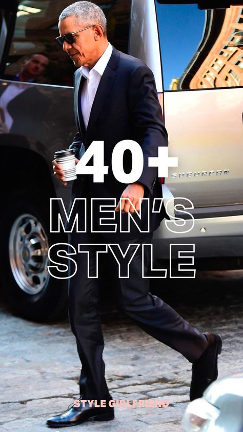 image of Barack Obama in a dark suit, white shirt, no tie, and sunglasses, holding a coffee cup and exiting a vehicle. text on the image reads: 40+ men's style Older Men Style, Outfit Ideas For Guys, Older Mens Fashion, Style Girlfriend, Dad Fashion, Older Style, Older Fashion, Fashion Guide, Clothing Brands