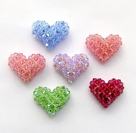 3-D Crystal "Puffy" Hearts and a Strawberry Pattern | Bead-Patterns.com Weaving Instructions, Beaded Hearts, Red Heart Necklace, Ribbon Pattern, Beaded Beads, Heart Crafts, Bead Stitching, Puffy Heart, Beaded Animals