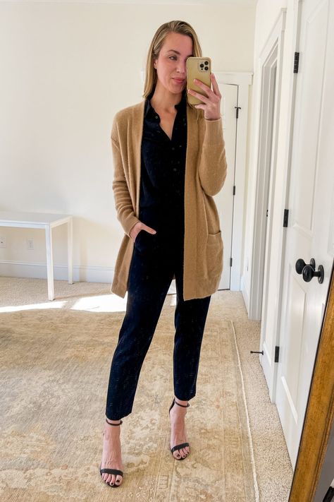 10 Long Cardigan Outfit Ideas | Natalie Yerger Black Cardigan Outfit Work, Cardigan Office Outfit, Leggings And Cardigan Outfit, Open Cardigan Outfit, Camel Cardigan Outfit, Long Black Cardigan Outfit, Cardigan Work Outfit, Spring Business Outfits, Tan Cardigan Outfit