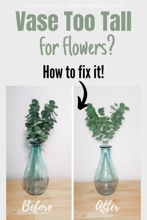 Diy Small Centerpieces Simple, Making Large Flower Arrangements, Floral Arrangements In Glass Vases, Vase Uses Home Decor, Long Stem Flowers Arrangements, Flower Arrangement How To, Floral Arrangements For Tall Vases, Wide Neck Vase Arrangement, Fake Flowers In Clear Vase