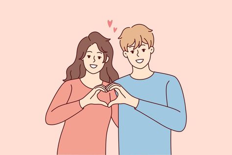 Smiling couple hug show heart hand gesture. Happy man and woman demonstrate love sign share affection and care. Relationships concept. Vector illustration. Heart Hand Sign, Hug Illustration, Happy Man, Hand Gesture, Hugging Couple, Love Sign, Couple Relationship, Heart Hands, Love Signs