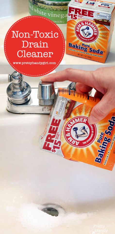 Non-Toxic Drain Opener | Pretty Handy Girl #handyhints #prettyhandygirl #DIY Diy Laundry Soap, Unclog Drain, Baking Soda Cleaning, Chemical Free Cleaning, Soda Brands, Drain Opener, Vinegar Cleaning, Diy Plumbing, Clogged Drain