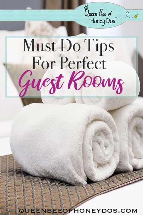 Tips for the Perfect Guest Rooms - Use these great ideas to create the perfect space for your guests! #bedrooms #decor #queenbeeofhoneydos Diy Bed And Breakfast Ideas, Guest Room Towel Ideas, Things For Guest Bedroom, Themed Guest Bedroom Ideas, Guest Bedroom Styling Ideas, Inviting Guest Bedroom, Preparing Guest Room, Grandkids Guest Room Ideas, Gift Basket For Guest Room