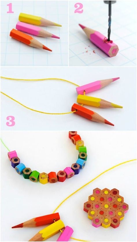 Colored Pencil Jewelry Colored Pencil Upcycle, Diy Art Jewelry, Recycled Jewelry Upcycling, Pencil Shaving Art, Diy Jewelry Recycled, Pencil Jewelry, Kids Jewelry Diy, Recycled Crayons, Pencil Crafts