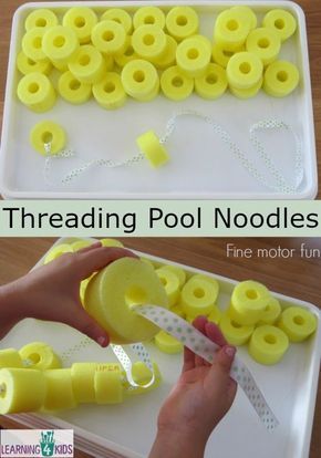 Fine motor fun - threading pool noodles Memory Care Activities, Alzheimers Activities, Elderly Activities, Gym Games, Preschool Fine Motor, Pool Noodle, Fine Motor Skills Activities, Motor Skills Activities, Pool Noodles