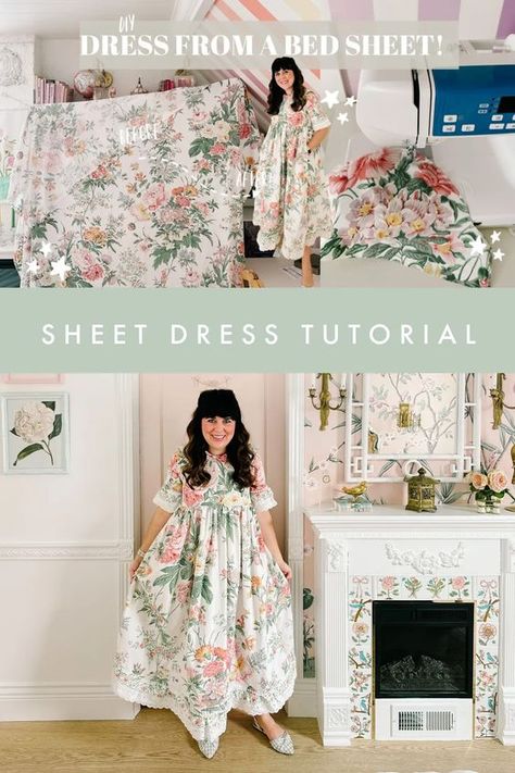 Cotton Sheet Dress, Easy Vintage Dress Pattern, Sewing With Bed Sheets, Dress Out Of Sheets Diy, Clothes Made From Sheets, Bed Sheet Upcycle Clothes, Make Your Own Patterns From Clothes, Easy Free Dress Pattern, Sheet Dress Pattern