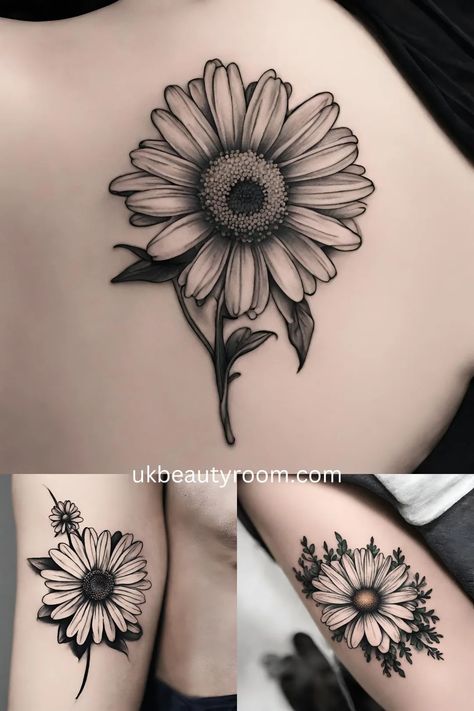 Daisie Tattoo, April Daisy Flower Tattoo, Aster Flower Tattoo Design, Daisy Tattoo Men, Woman With Flowers Tattoo, Daisy Birth Flower Tattoo, Aster Tattoo Design, April Flower Tattoo Birth Month, April Birth Flower Tattoo Daisies