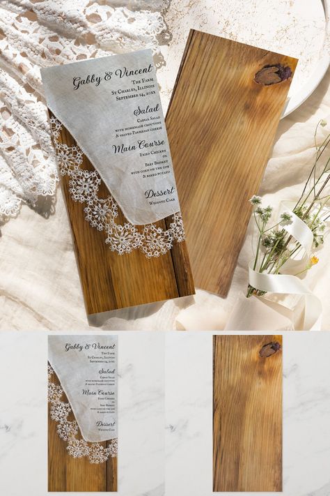 Customize the rustic chic Country Lace Barn Wedding Menu with the details of the meal that you will serve at your rehearsal dinner, bridal shower luncheon or marriage reception adding the salad or first course, entree or second course and dessert or third course. This charming custom rustic wedding menu features a quaint photograph of a vintage off white linen and lace hankie and brown barn wood. Perfect inspo for a casual yet classy rural country farm, rustic barn or western wedding theme. Western Wedding Theme, Cowboy Groom, Rustic Wedding Menu, Cowgirl Bride, Bridal Shower Luncheon, Classic Weddings, Marriage Reception, Barn Parties, Linens And Lace