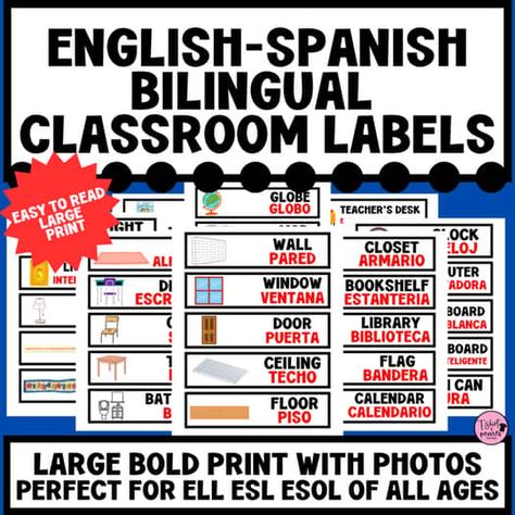 Spanish and English Classroom Environment Labels with Pictures-Bilingual Decor Bilingual Elementary Classroom, Spanish Displays Classroom, 2nd Grade Bilingual Classroom Setup, 1st Grade Bilingual Classroom, Classroom Lables, Spanish English Classroom Labels Free, Bilingual Classroom Labels, Dual Language Spanish, Cards With Pictures