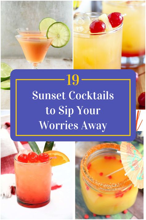 Collage of 4 sunset cocktails. Sun Themed Drinks, Sundowners Drinks, Sunset Cocktail Recipe, Spicy Desserts, Sunset Drinks, Sunset Cocktail, Sunset Drink, Alcohol Beverages, Drink Names