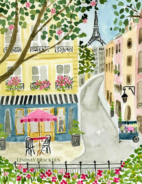 Paris Watercolor Illustration, Painting Paris Aesthetic, Paris Street Illustration, Paris City Illustration, Watercolor Art Travel, Paris Cafe Illustration Art, Paris Prints Art Wall Decor, Paris Gouache Painting, Watercolor Art Paris