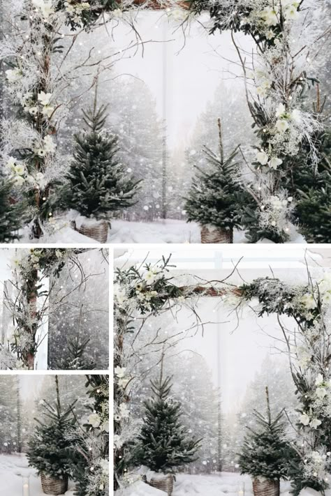 Winter wedding arch for wedding ceremony. Location: Chateau Mcely Decoration: Cool Flowers Winter Wedding Alter Ceremony Backdrop, Winter Arch, Winter Wedding Arch Flowers, Winter Wedding Arches, Winter Wedding Backdrop Ideas, Winter Wedding Fireplace Decor, Winter Forest Wedding, Winter Themed Wedding, Winter Wedding Arch