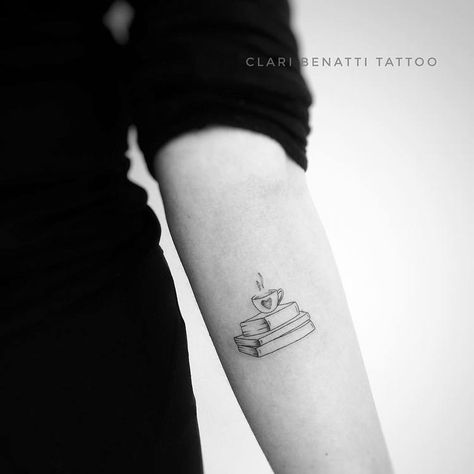 Books and Coffee Tattoo by Clari Benatti Bookish Tattoos, Coffee Tattoo, Books And Coffee, Coffee Tattoos, Tattoo People, Elbow Tattoos, Ornamental Tattoo, Book Tattoo, Coffee And Books