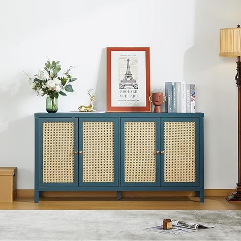 Amazon.com - QHITTY Rattan Sideboard Buffet Cabinet, Accent Cabinet Storage Cabinet Console Table with Adjustable Shelves and 4 Doors for Kitchen, Living Room, Dining Room, Hallway - Blue - Buffets & Sideboards Sideboard Legs, Shelves For Kitchen, Rattan Doors, Rattan Sideboard, Entryway Cabinet, Doors Modern, Tv Console Table, Accent Storage Cabinet, Storage Cupboard