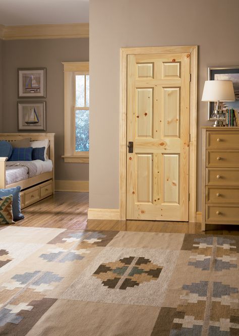 Masonite® | Knotty Pine | 6 Panel Interior Doors Knotty Pine Trim And Doors, Knotty Pine Trim Interior, Pine Wood Door, Pine Trim And Baseboards, Natural Pine Trim, Pine Baseboards, Pine Doors Interior, Pine Trim Interior, 6 Panel Interior Doors