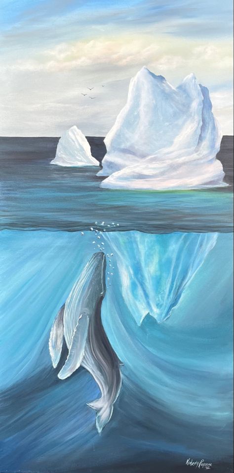 Humpback, iceberg, ocean, Newfoundland and Labrador. Newfoundland Art Paintings, Newfoundland Paintings, Artic Painting, Iceberg Painting, Iceberg Drawing, Iceberg Art, Ocean Drawing, Ap Drawing, Ocean Artwork