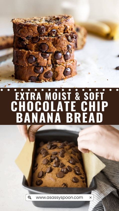 Extra Moist & Soft Chocolate Chip Banana Bread is deliciously sweet, easy to make, moist, and made in one bowl. Grab those super ripe bananas and make the BEST banana bread with chocolate chips for you and your family! Best Ever Chocolate Chip Banana Bread, 2 Bananas Banana Bread Chocolate Chips, Sour Cream Chocolate Chip Banana Bread, Tasty Banana Bread, Easy Choc Chip Banana Bread, Chocolate Chip Banana Bread Greek Yogurt, Banana Chocolate Bread Recipe Moist, How To Make Chocolate Chip Banana Bread, Best Choc Chip Banana Bread Recipe