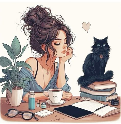 Office Inspiration Wallpaper, Book And Cat, Mix Tiles, Woman With Cat, Image Girly, Art Images Pictures, Girl With Cat, Illustration Kunst, Fun Images