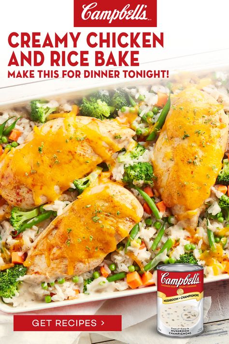 Make this for dinner tonight! Combine chicken and Campbell’s® Condensed Cream of Mushroom Soup to make a Creamy Chicken and Rice Bake. Campbell’s Cream Of Chicken Recipes, Chicken And Rice Campbells Soup, Campbell’s Soup Chicken And Rice, Chicken And Rice With Cream Of Mushroom Soup, Campbells Chicken And Rice Bake, Chicken Mushroom Soup Rice, Campbells Soup Chicken And Rice, Campbell’s Chicken And Rice, Chicken Mushroom Soup Rice Casserole