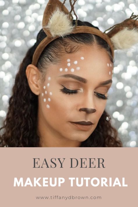 The Deer Makeup Look You Need To Try For Halloween This Year-Tiffany D. Brown Deer Makeup Halloween Kids, Brown Dress Halloween Costume Ideas, Deer Diy Costume Women, Deer Face Paint Halloween, Halloween Deer Costumes Women, Womens Deer Costume, Dear Makeup Halloween, Easy Deer Costume, Brown Costume Ideas