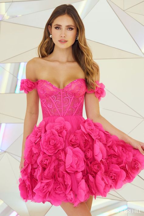 Off Shoulder Cocktail Dress, Formal Clothes, Classy Dresses, Barbie Makeup, Embellished Skirt, Hot Pink Floral, Lace Corset Top, Sherri Hill Prom Dresses, Prom Dress Stores