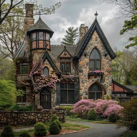 House With Circle Tower, Fairy Tale Cottage Exterior, Cottage With Tower, Castle Home Exterior, Stone Victorian House, Once Human House, Fairytale House Exterior, Castle House Exterior, Whimsical Mansion