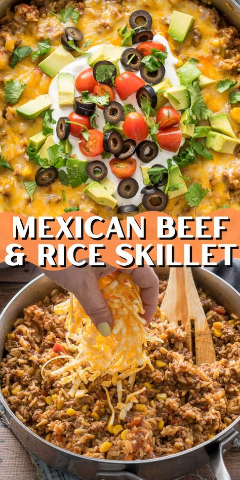 Mexican Skillet Dinner Beef, Ground Beef Taco Rice, Ground Beef And Instant Rice Recipes, Mexican Inspired Meals, One Pot Taco Rice Skillet, Mexican Rice Bowl Recipe Ground Beef, Food Recipes With Ground Beef, Mexican Skillet Dinner, Ground Beef And Rice Skillet