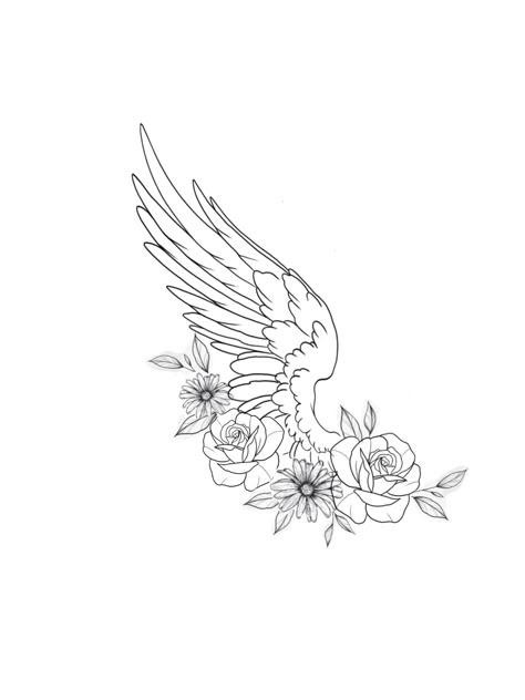 Angel Wings With Music Notes Tattoo, Pretty Memorial Tattoos, Inside Of Knee Tattoo, Memorial Tattoos Mom Sleeve, Angel Wing Flower Tattoo, Matching Memorial Tattoos, Matching Wing Tattoo, Wing Flower Tattoo, Flower Angel Wings Tattoo