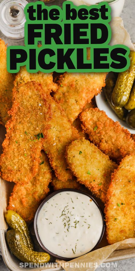 Try this easy recipe for crispy homemade fried pickles. It makes a fantastic appetizer or game-day snack. A tasty batter and some simple spice make these deep-fried pickles taste the best. Enjoy dill spears or slices, or go for sweet and sour Gherkins. Reheat in the oven or air fryer, and enjoy with ranch dressing or dip! #friedpickles #spendwithpennies #recipeeasy #recipedeepfryer Easy Deep Fried Pickles, Fried Dill Pickles Recipe, Homemade Fried Pickles, Fried Pickle Spears, Easy Fried Pickles, Crispy Pickles Recipe, Fried Dill Pickles, Deep Fried Pickles, Fried Pickles Recipe