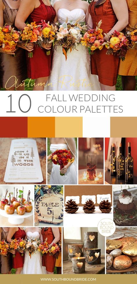 Autumn Rustic Fall Wedding Palette | SouthBound Bride Fall Color Schemes, Wedding Color Palettes, Wedding Color Combinations, Leaf Invitations, Fall Wedding Color Palette, Wedding Themes Fall, Fall Wedding Centerpieces, Rustic Fall Wedding, Rustic Wedding Flowers