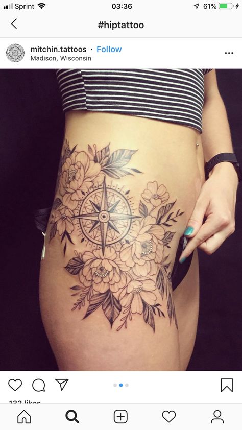 Compass With Flowers Tattoo, Mandala Compass Tattoo, Feminine Compass Tattoo, Nautical Compass Tattoo, Side Stomach Tattoos, Flower Leg Tattoos, Flower Hip Tattoos, Tattoo Fixes, Compass Tattoos