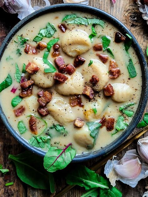 Roasted Garlic Gnocchi Soup with Greens and Pancetta | The Lemon Apron Pancetta Soup Recipes, Pancetta Soup, Garlic Gnocchi, Roasted Garlic Soup, Wilted Greens, Soup Beans, Garlic Soup, Gnocchi Soup, Garlic Olive Oil