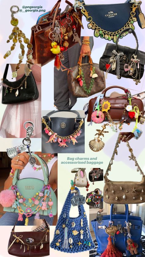 A collage showcasing various bags adorned with a variety of decorative charms and accessories. The bags range from luxury brands like Coach and Louis Vuitton to trendy handcrafted pieces, each customized with colorful charms, keychains, and embellishments. The image captures a diverse mix of styles, highlighting how bag charms can transform any accessory into a unique fashion statement. Diy Bag Charm, Stylish School Bags, Accessorize Bags, Girly Bags, Vintage Keys, Bag Charms, Chic Bags, Handbag Charms, Latest Trend