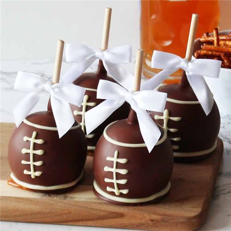 Football Gameday Caramel Apple 4-Pack | Mrs Prindables Caramel Apple Gifts, Football Desserts, Football Candy, Football Treats, Chocolate Caramel Apples, Butter Corn, Gourmet Caramel Apples, Candy Apple Recipe, Caramel Ingredients