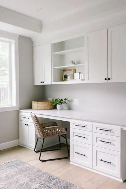 50 Home Office Designs with Kitchen Cabinets and Shelves, Modern Storage Ideas Used Kitchen Cabinets, Office Built Ins, Home Office Cabinets, Kitchen Desks, Small Home Offices, Office Nook, Guest Room Office, Office Makeover, Home Office Storage