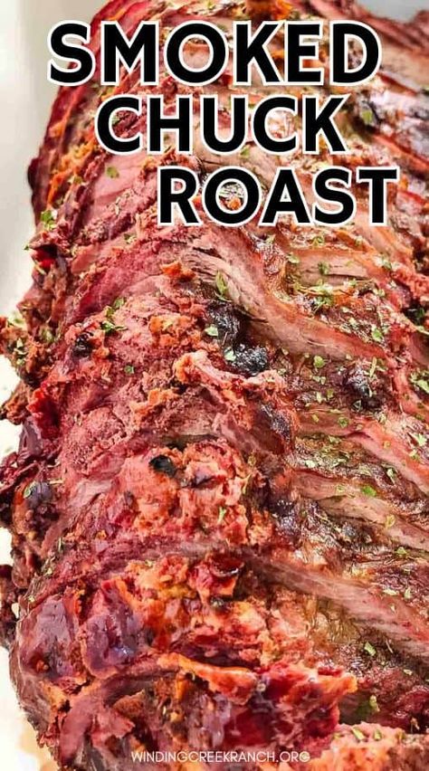 Smoked Beef Chuck Roast on Pellet Grill Smoked Bbq Beef Roast, Chuck Roast Pellet Grill, Pellet Grill Chuck Roast, Smoker Chuck Roast Recipes, Chuck Roast On Pellet Grill, Smoked Chuck Steak, Smoked Rump Roast Pellet Grill, Beef Chuck Roast Smoker Recipes, Smoked Beef Shoulder Roast